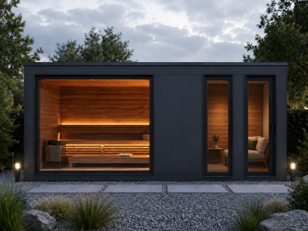 LE Saunahaus 3000/7000 – modulares Saunahaus mit Ruheraum & Dusche