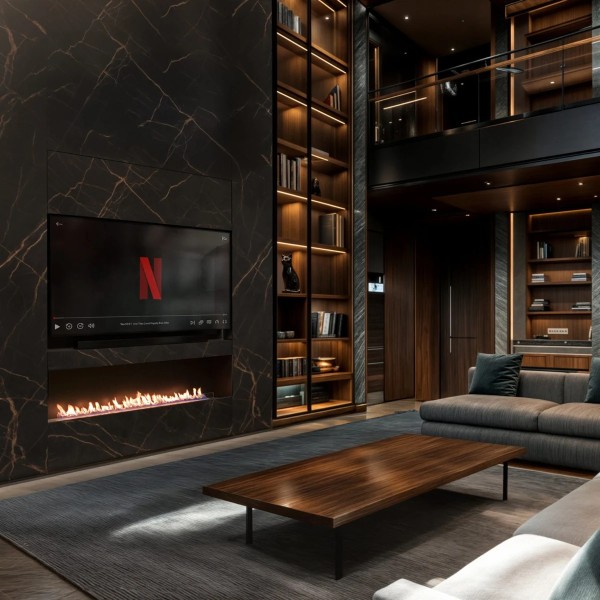 Planika NEX Media Wall – motorisierte Media Wall mit Kamin und TV-Lift