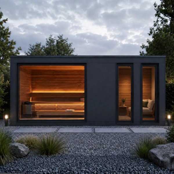 LE Saunahaus 3000/7000 – modulares Saunahaus mit Ruheraum & Dusche